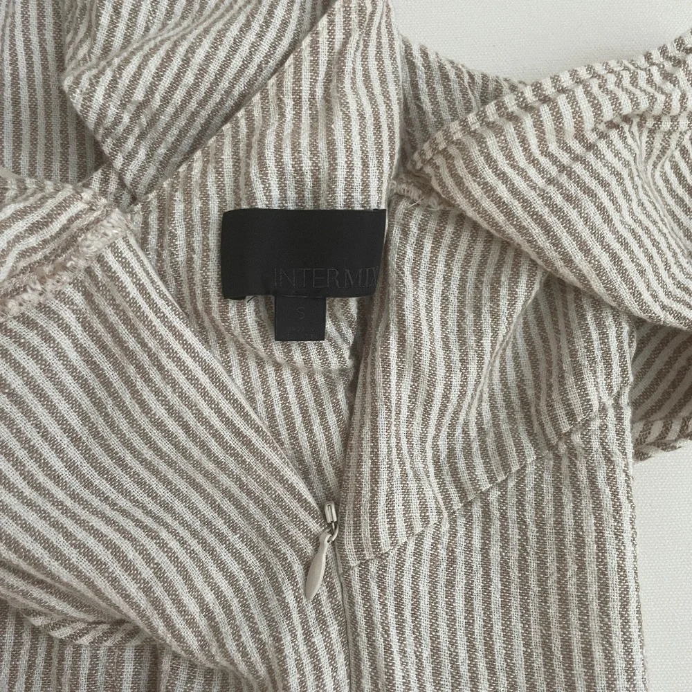 INTERMIX Linen Blended Pinstriped Beige/Cream, One Shoulder Ruffle Romper, Small - Picture 15 of 16